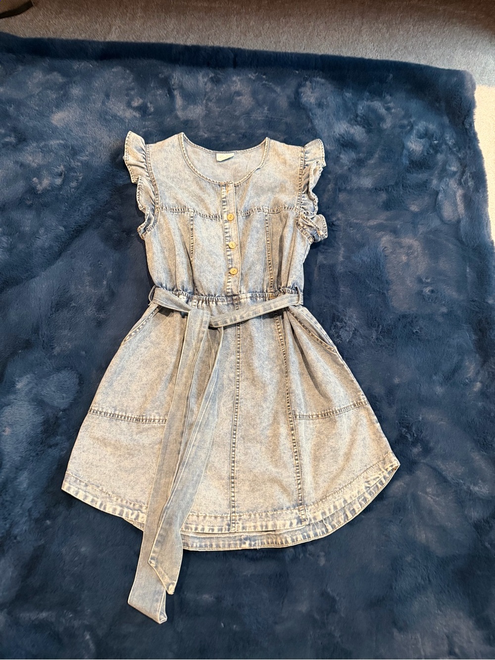 Women’s Light Denim Belted Dress with Ruffle Sleeves